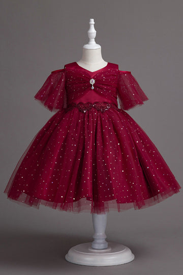 A Line Fora do Ombro Borgonha Vestido de Menina Tule